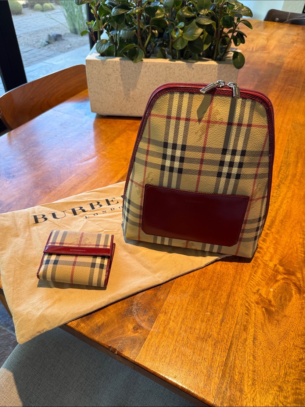 Burberry Beige Check Backpack with Burgundy Trim